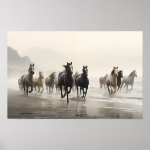 Poster Cavalos selvagens numa praia embaçada