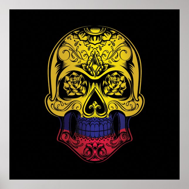 Poster Caveira Colômbia E Bandeira De Rosas (Frente)