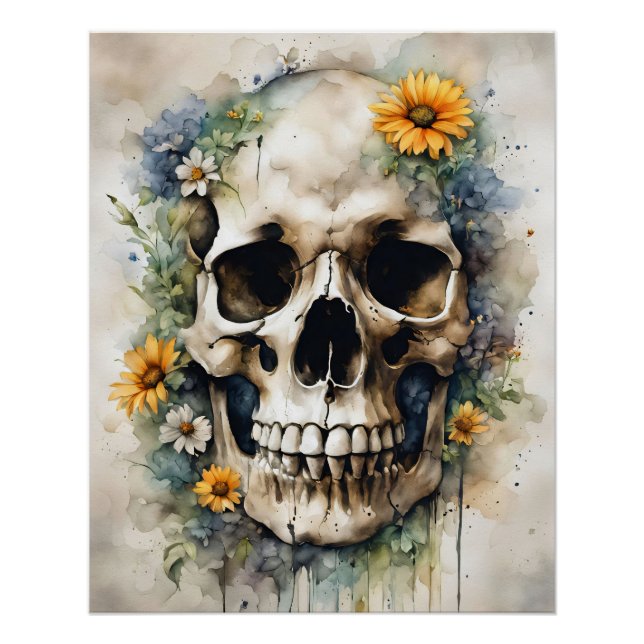Póster Caveira de Aquarela com Flores Selvagens (Frente)
