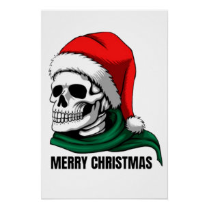 Póster Caveira de Natal Gótica com Chapéu de Papai Noel –
