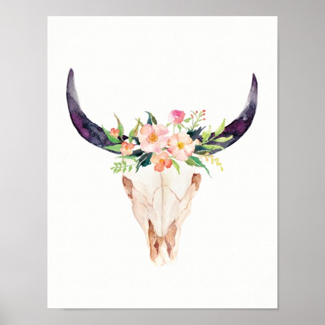 Póster Caveira de Touro Aquarela com Flores Rosa (Frente)