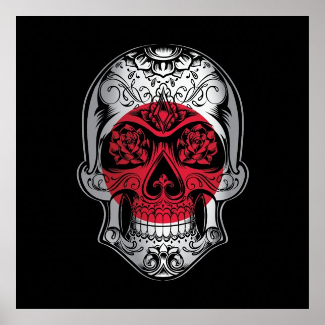 Poster Caveira Do Japão E Bandeira De Rosas (Frente)