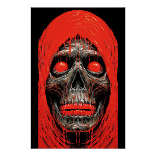 Póster Caveira Encapuzada em Desenho Vermelho Fogo