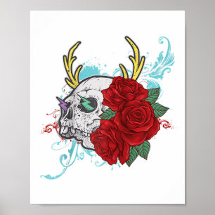 Poster Caveira Flor E Rosa Tatuagem Gráfico Arte Floral I