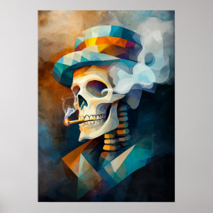 Poster Caveira Fumando um Cigarro - Cubista Minimalista