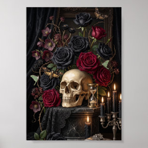 Poster Caveira Gótica Rosas Pretas Halloween Vitoriano So