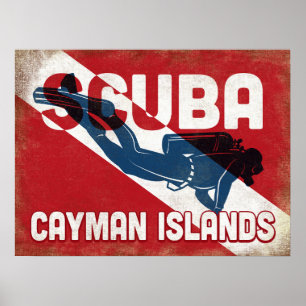 Poster Cayman Islands Scuba Diver - Blue Retro