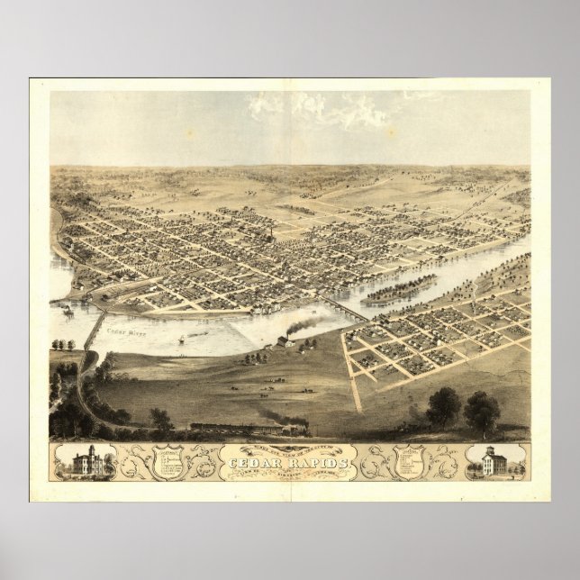 Poster Cedar Rapids Iowa 1868 Mapa Panorâmico Antiquado (Frente)