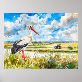 Poster Cegonha em Campos de Verão Havelland Estilo Aquare
