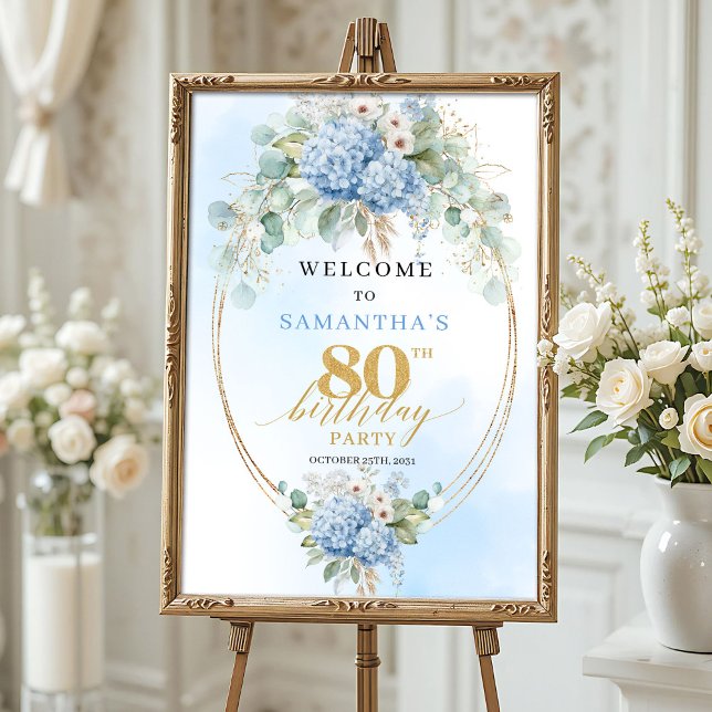 Poster Celebração Boho de Flores de Hortênsia para 80º an (Hydrangea Bloom Boho Celebration 80th birthday welcome)