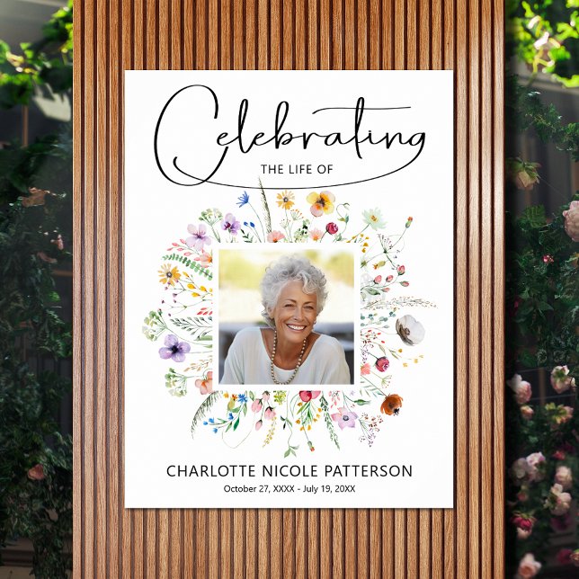 Poster Celebração da Vida com Flores Silvestres Modernas  (Celebration of Life photo memorial funeral poster - INSTANT DOWNLOAD or PRINTED (framed, too))