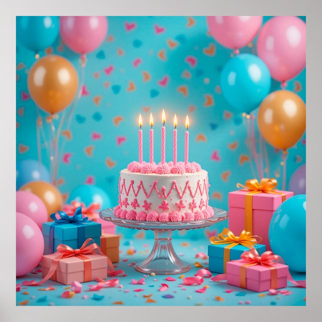 Poster Celebração De Aniversário Com Bolo De Candelite (Frente)