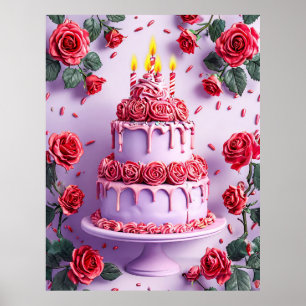 Poster Celebração de Aniversário com Bolo Iluminado por V
