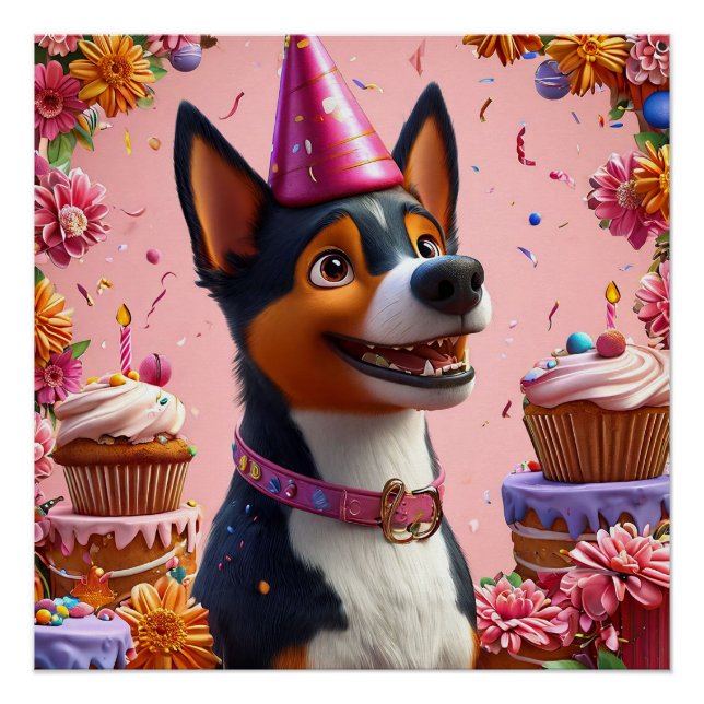 Póster Celebração de Aniversário Com Cachorro Feliz (Frente)