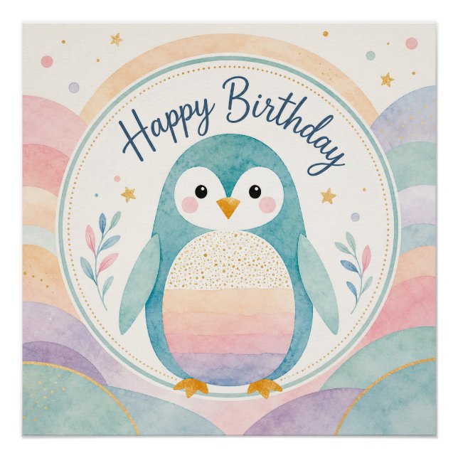 Póster Celebração de Aniversário do Pingüim Arco-íris Pas (Frente)