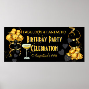 Póster Celebração de Aniversário Faixa Preto Dourado