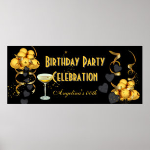 Poster Celebração de Aniversário Faixa Preto Dourado