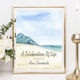 Poster Celebração de Vida Cena de Praia em Aquarela