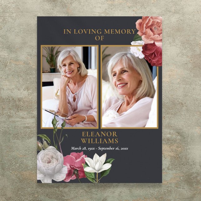 Poster Celebração de Vida Funeral com Foto Floral 2 (Floral 2 Photo Celebration Of Life Funeral Poster)