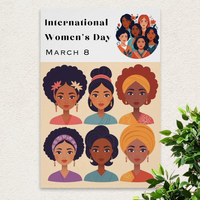 Póster Celebração do Dia Internacional da Mulher 8 de Mar (A stylish poster for International Women's Day, with illustration of diverse women)