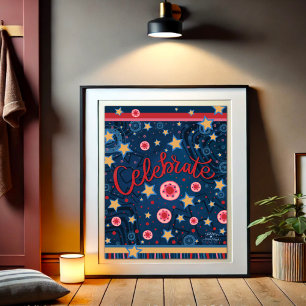 Poster Celebrar Estrelas Flores Diversão Blue Stripe