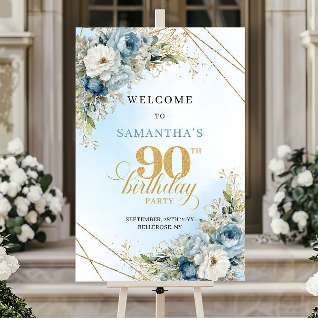 Poster Celebre Boho azul empoeirado dourado 90 bem-vindo  (Celebrate Boho dusty blue gold 90th birthday welcome)
