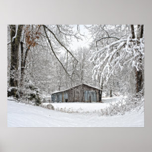 Póster Celeiro do vintage na neve fresca - Tennessee