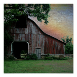 Póster celeiro vermelho velho da paisagem da fazenda do