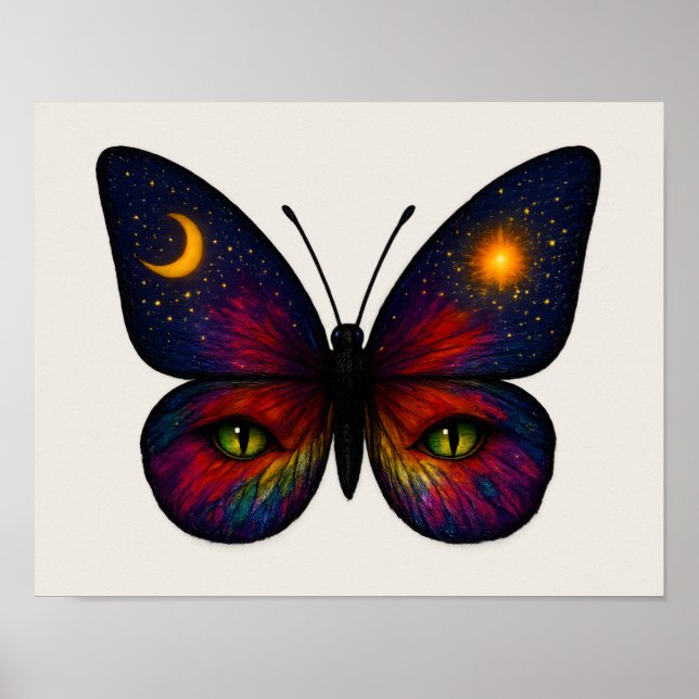 Poster Celestial Cat-Eye Butterfly Sun Moon Star Boho Art (Frente)