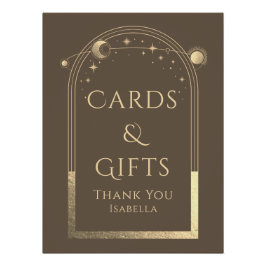 Póster Celestial Mocha Dourada Sun Moon Stars Cartões e p