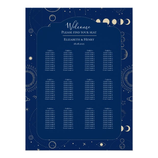 Póster Celestial moon sun stars navy wedding seating plan (Frente)