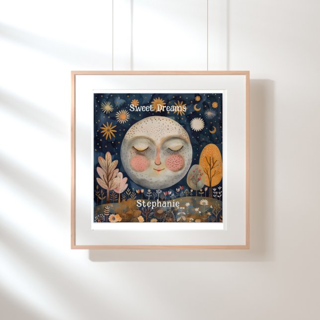 Póster Celestial Moon Sweet Kids Nome Personalizado (Celestial Moon Kids Custom Name Cute Poster)