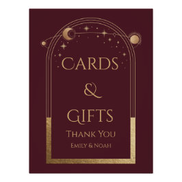 Póster Celestial Red Dourado Sol Lua Estrelas Cartões e P