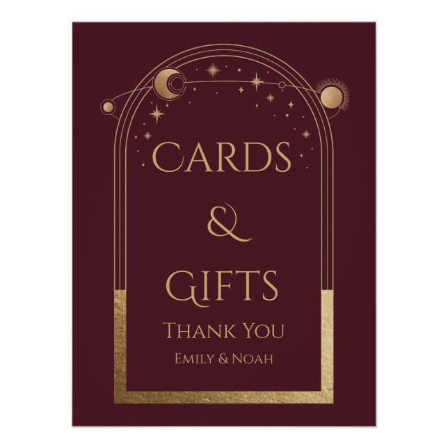 Póster Celestial Red Dourado Sol Lua Estrelas Cartões e P (Frente)