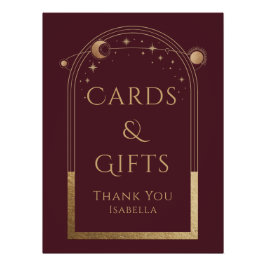 Póster Celestial Red Dourado Sol Lua Estrelas Cartões e P