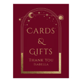 Póster Celestial Red Dourado Sol Lua Estrelas Cartões e P