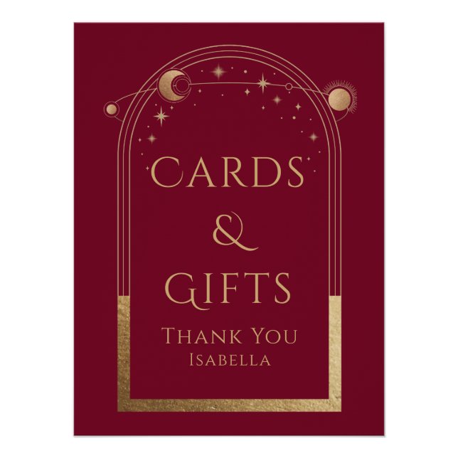 Póster Celestial Red Dourado Sol Lua Estrelas Cartões e P (Frente)