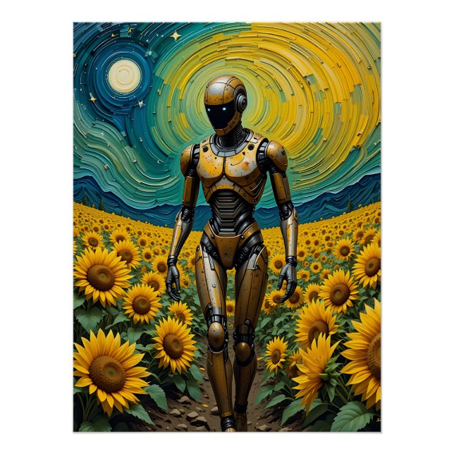 Póster Celestial Sentience: Robot in Sunflower Fields (Frente)