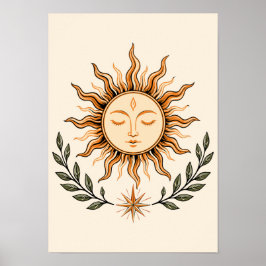 Poster Celestial Sun Face Botanical Mystical Art