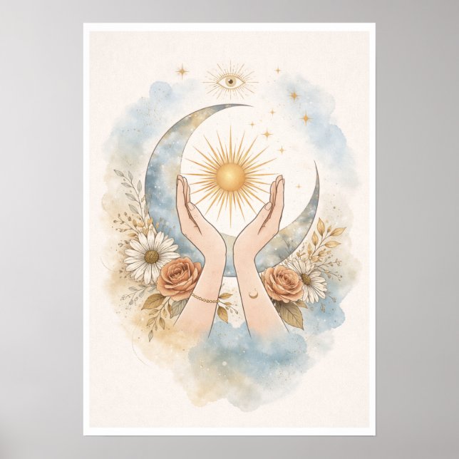 Poster Celestial Sun Moon Hands Aesthetic Wall Art (Frente)