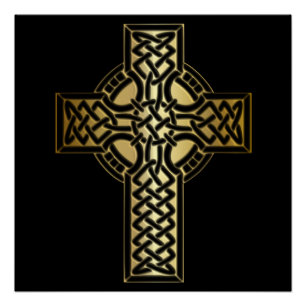 Póster Celtic Knot Cross em Dourado e preto