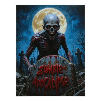 Póster Cemitério Assustador de Zumbi com Lua Cheia