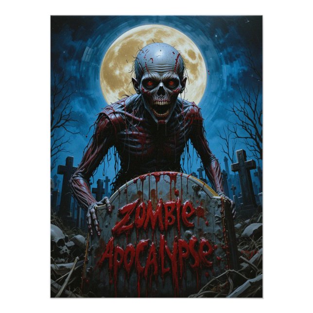 Póster Cemitério Assustador de Zumbi com Lua Cheia (Frente)