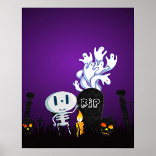 Póster Cemitério de Halloween Assustador e Fofo Esqueleto
