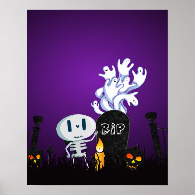 Póster Cemitério de Halloween Assustador e Fofo Esqueleto (Frente)