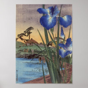 Poster Cena azul da íris e do pássaro do ukiyo-e japon