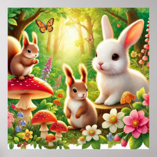 Poster Cena Caprichosa da Floresta com Coelhos, Esquilos