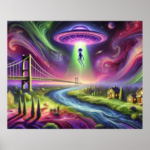 Poster Cena Colorida de Abdução por OVNI Alien e Céu Cósm