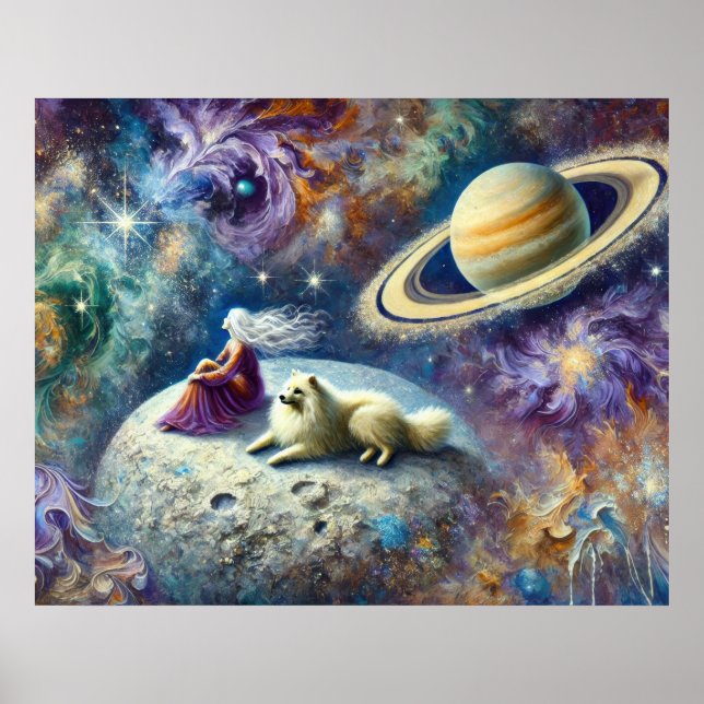 Poster Cena Cósmica Etérea com Mulher, Cachorro e Saturno (Frente)