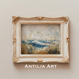 Poster Cena Costeira com Aves Vintagem Russa Náutica